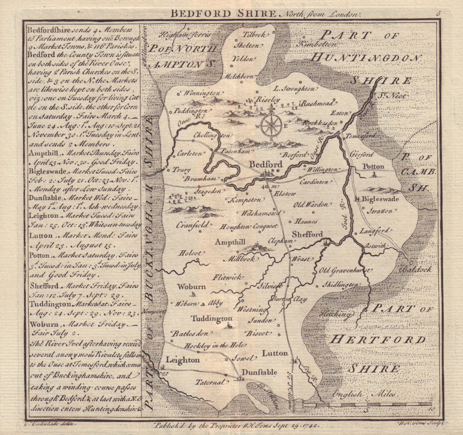 Antique county map of Bedfordshire by Badeslade & Toms 1742 old